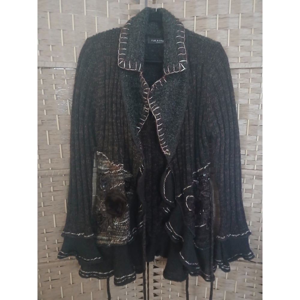 Forla Paris Brown Ruffle Wool Mohair Sweater Sz M Fairycore Artsy Boho